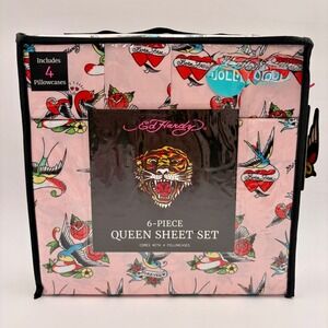 Ed Hardy 6 Piece Queen Sheet Set Pink Tattoo Print Includes 4 Pillowcases